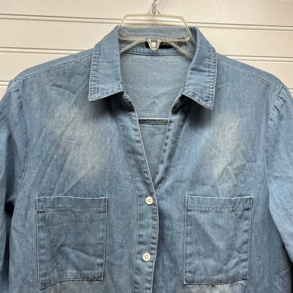 Zilcremo Denim Button Down Shirt Dress Frayed Hem & Sleeve Cuffs Size L - Picture 4 of 12